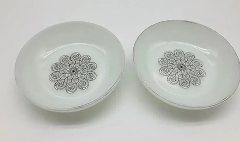Vintage Fire King Anchor Hocking Bowl Black White Spiral Silver Rim Set of 2